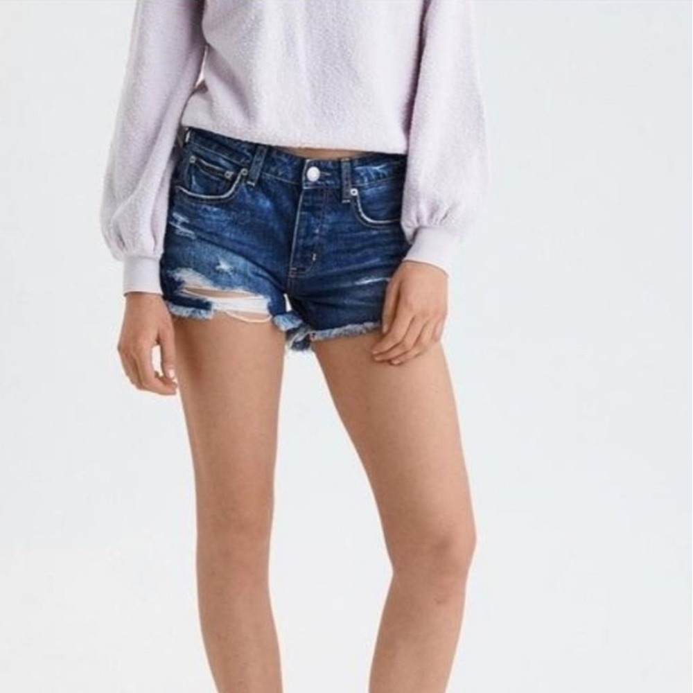 American Eagle TOMGIRL Denim Shorts Womens 0 Dark‎ Wash Distressed Frayed Hem